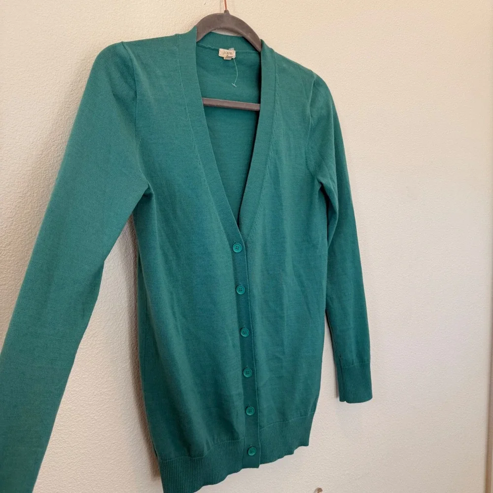 J. Crew XS Cardigan Sweater‎ 100% Merino Wool Teal Green Classic Knitwear Flaw